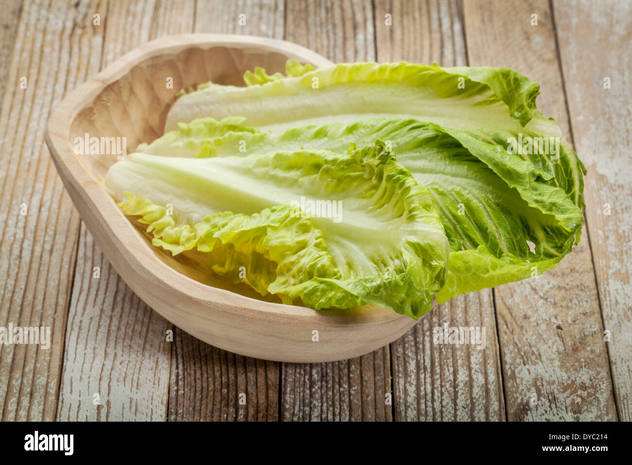 fresh leaves of romaine lettuce in a rustic wooden bowl Stock Photo