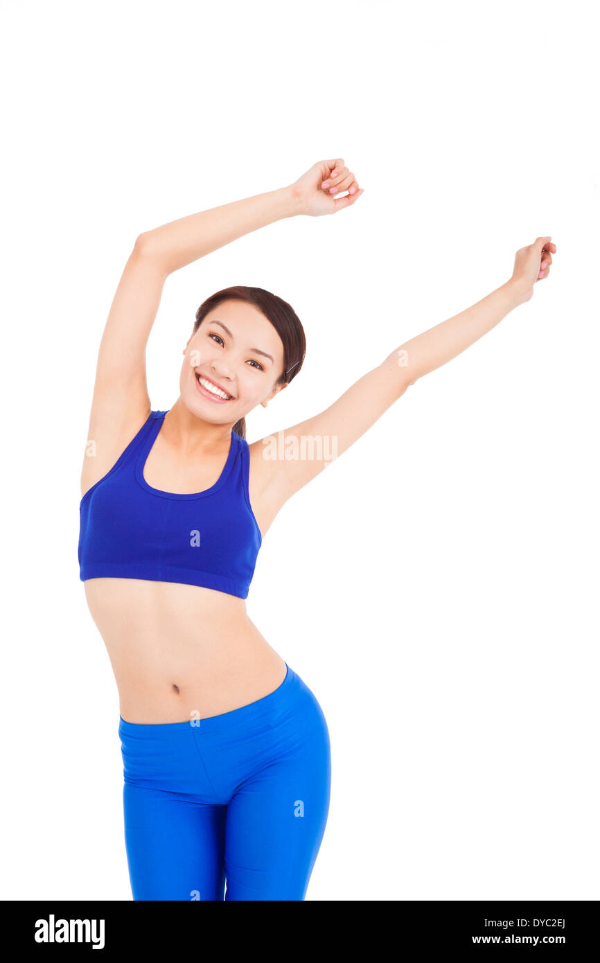 asian pretty woman make a waving arms pose on a white background Stock Photo