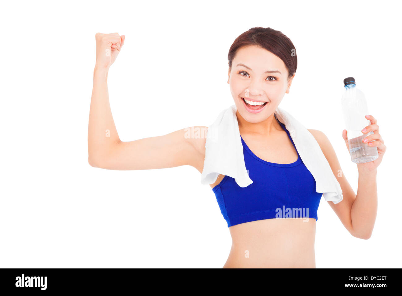 pretty woman drinking water and  muscular pose on a white background Stock Photo