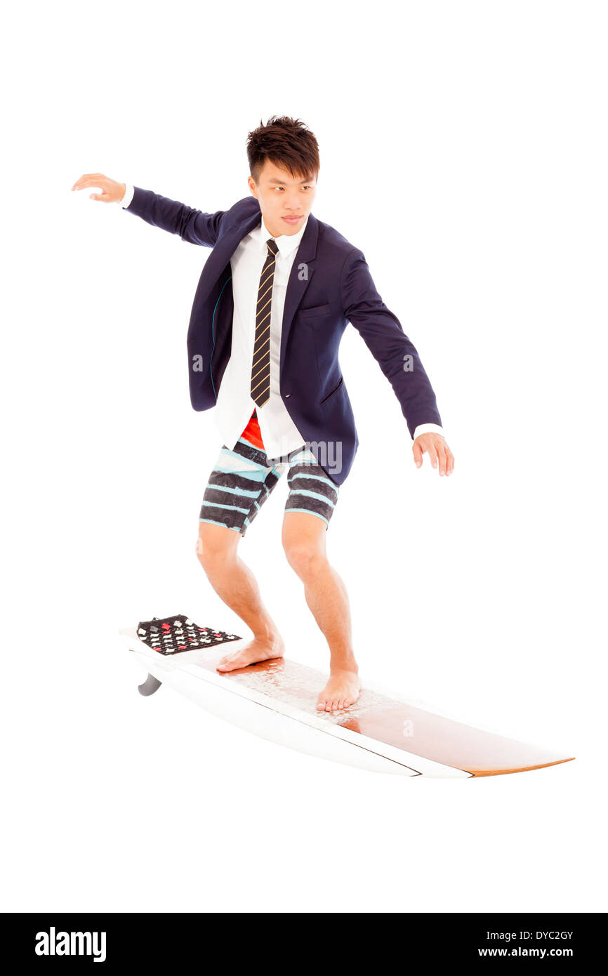 businessman practice surfing pose on a white background Stock Photo