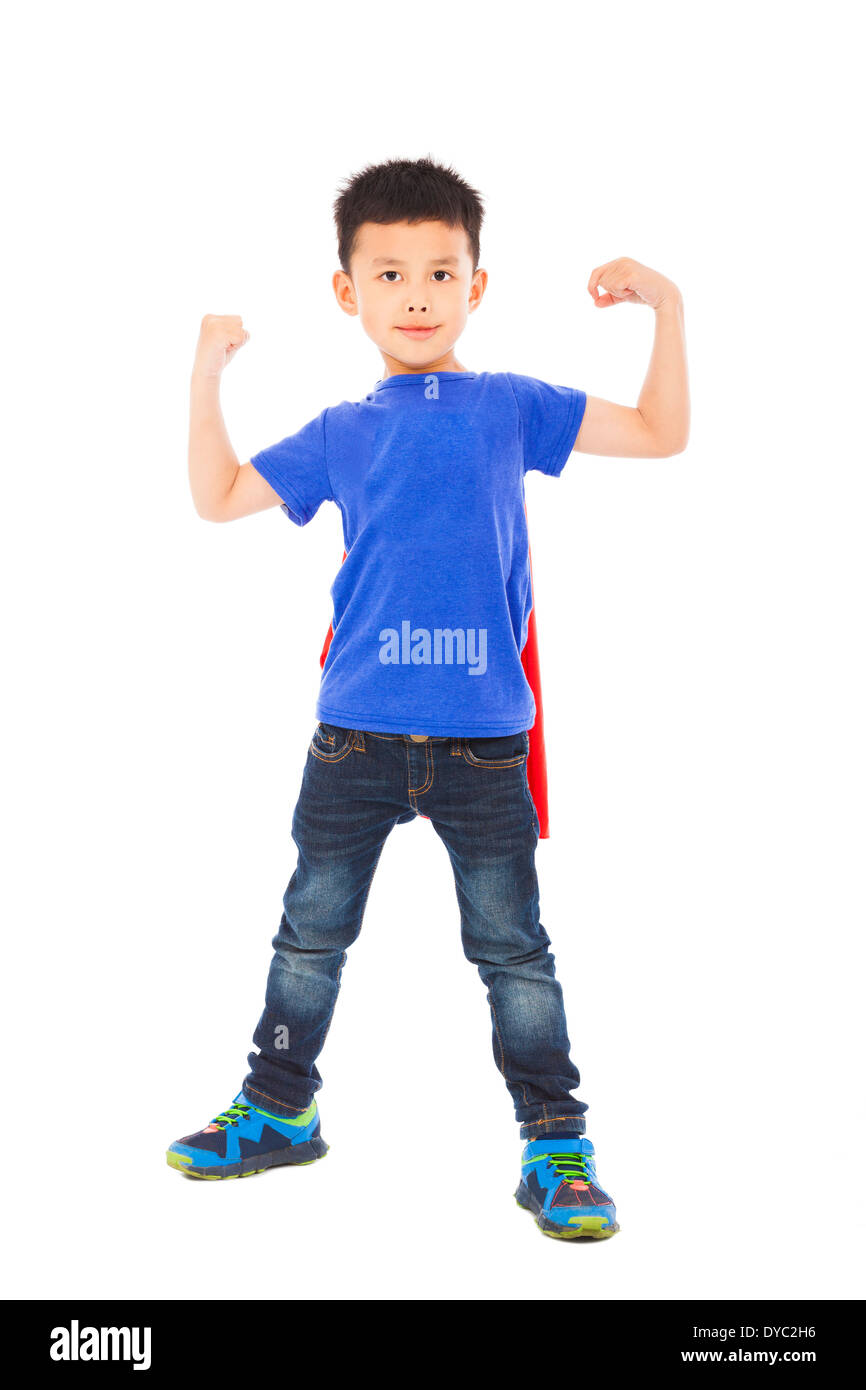 super kid hero raise arms in studio Stock Photo