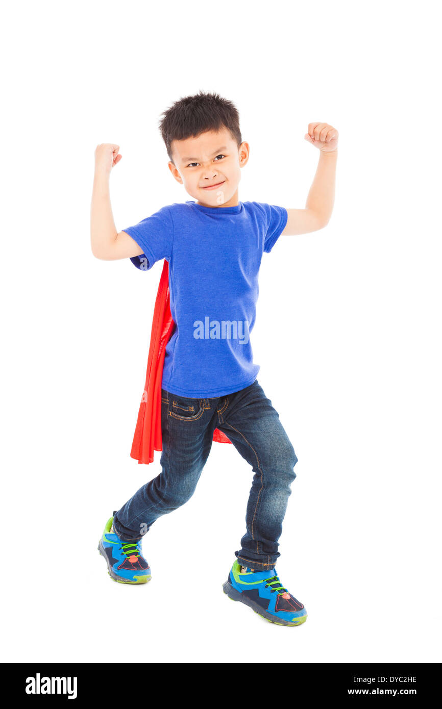 smiling super kid hero raise arms over white Stock Photo