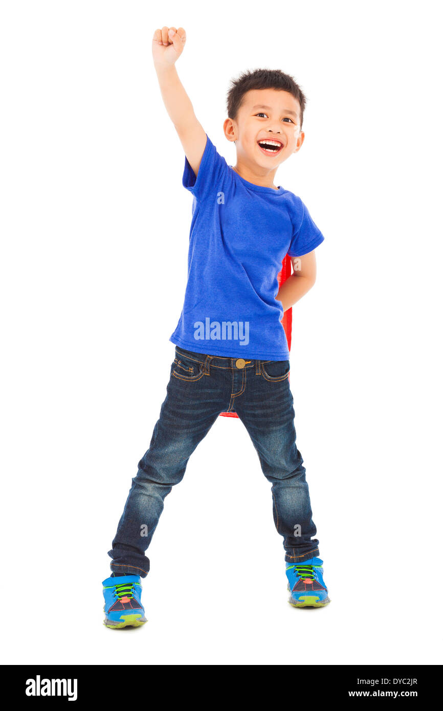 confident Superhero kid make a flying pose Stock Photo