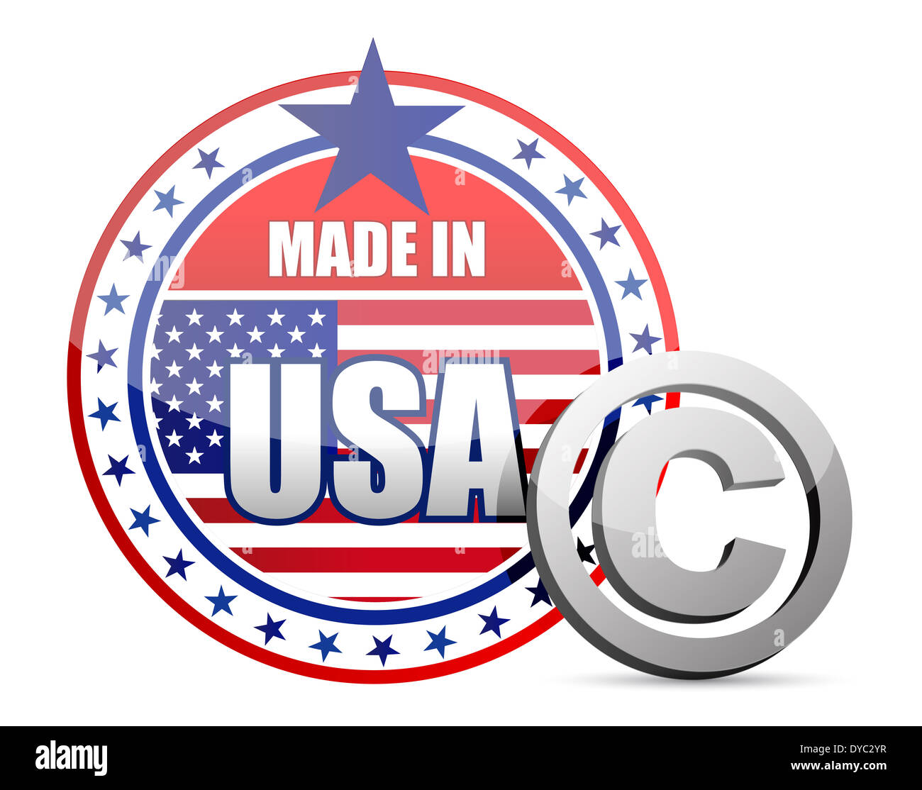 Made in USA flag seal with copyright sign illustration in front Stock