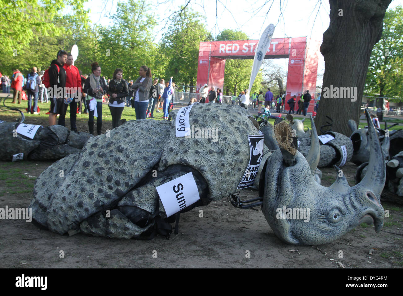 London, UK. 13th Apr, 2014. Save The Rhino team set up fro the Virgin Money London Marathon at the Red Start. Credit:  David Mbiyu/Alamy Live News Stock Photo