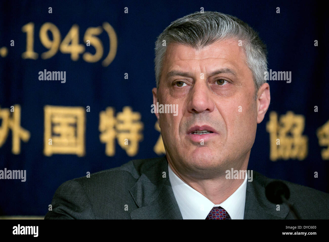 Tokyo, Japan - The Prime Minister of the Republic of Kosovo Hashim Thaci attends a press conference at the Foreign Correspondent's Club of Japan (FCCJ) on April 14, 2014. In official visit to Japan Hashim Thaci holding talks with Prime Minister Shinzo Abe this morning to talk about the bilateral agenda of both countries. Japan was one of the first countries to recognize his nation soon after the declaration of independence. Credit:  Rodrigo Reyes Marin/AFLO/Alamy Live News Stock Photo