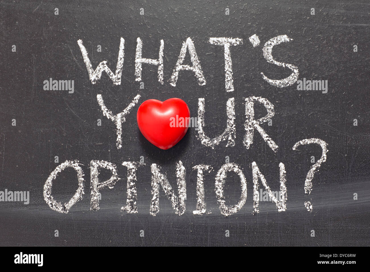 whats your opinion question handwritten on school blackboard Stock Photo