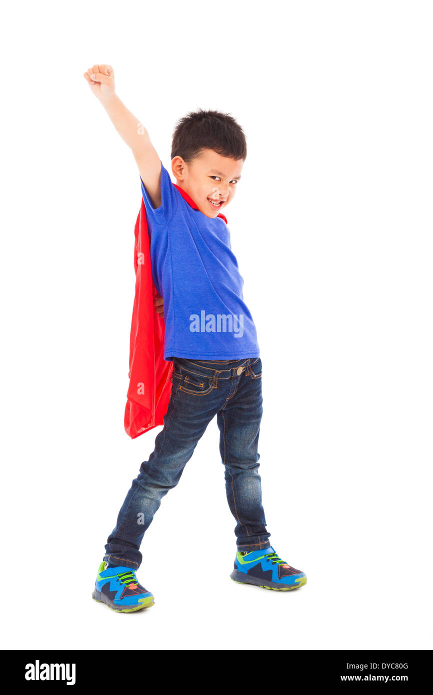 superhero kid make a funny facial expression Stock Photo