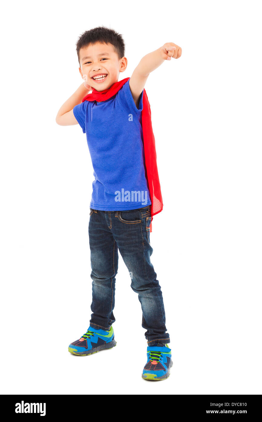 happy superhero kid make a fighting pose Stock Photo