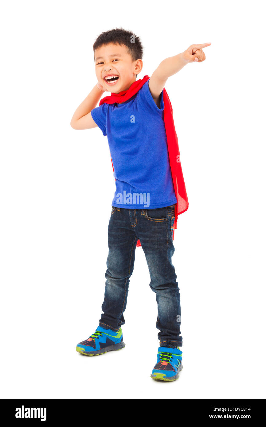 happy superhero kid pointing somewhere Stock Photo