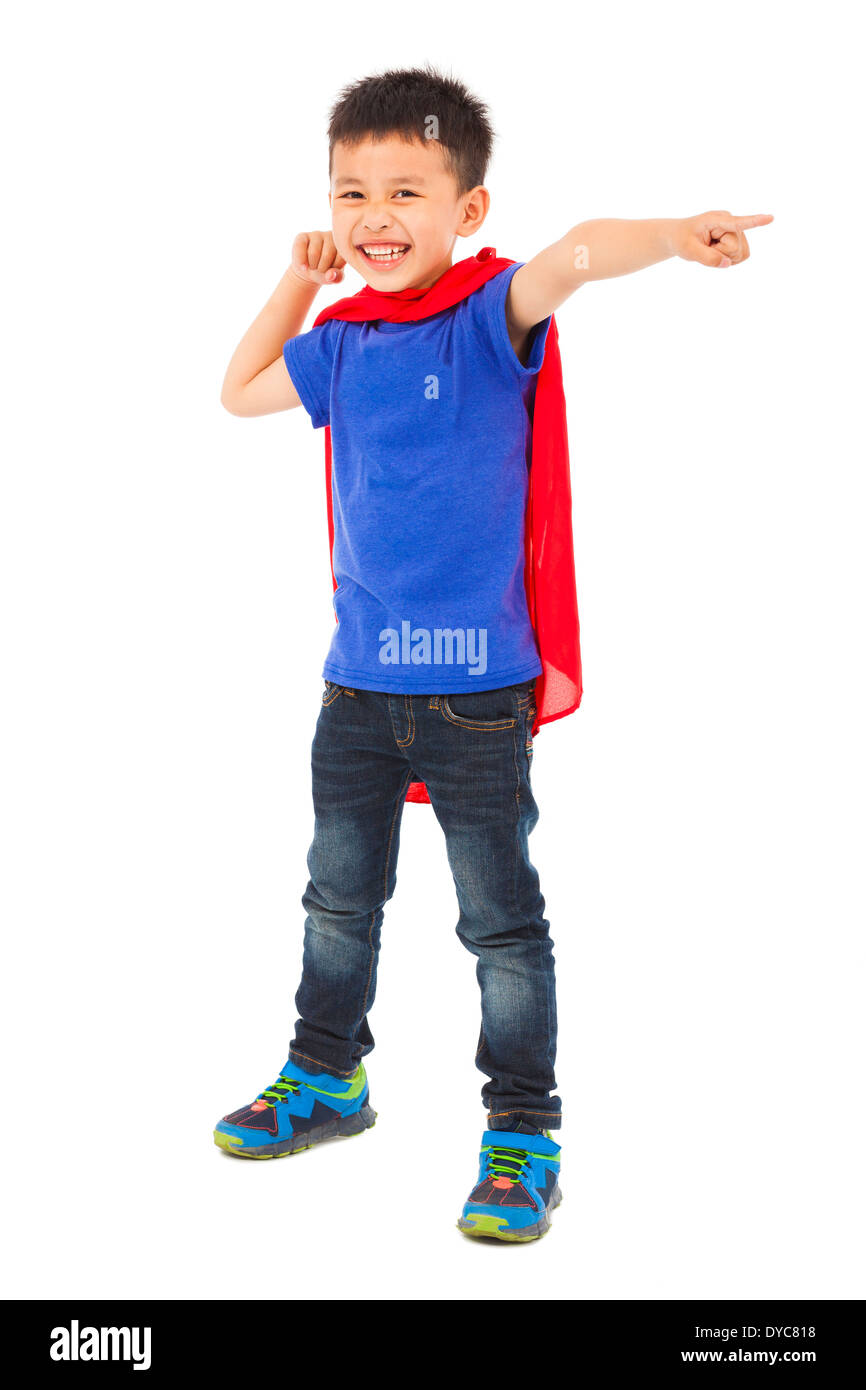 happy superhero kid pointing and ready to fight Stock Photo