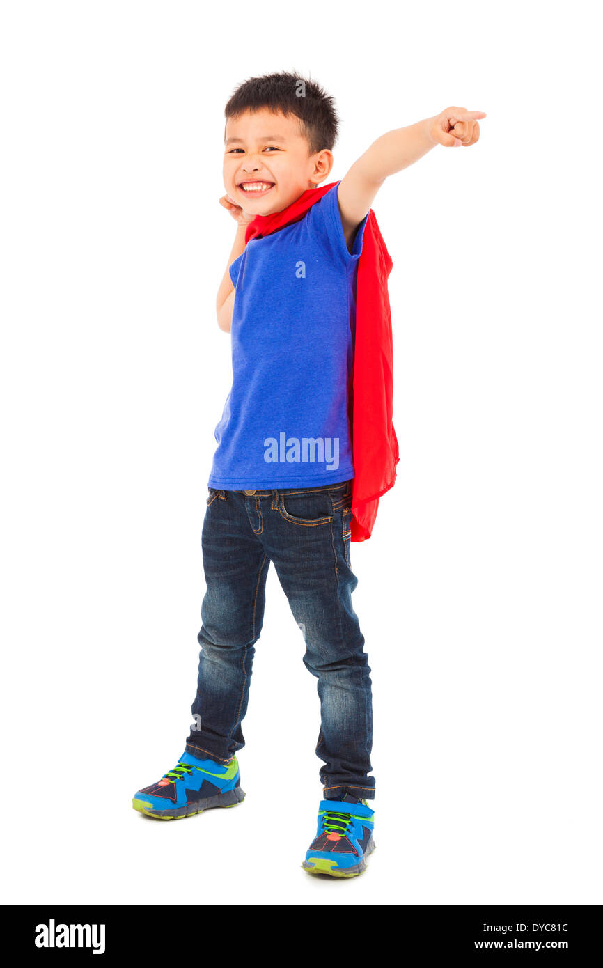 funny superhero kid pointing and making a fist Stock Photo