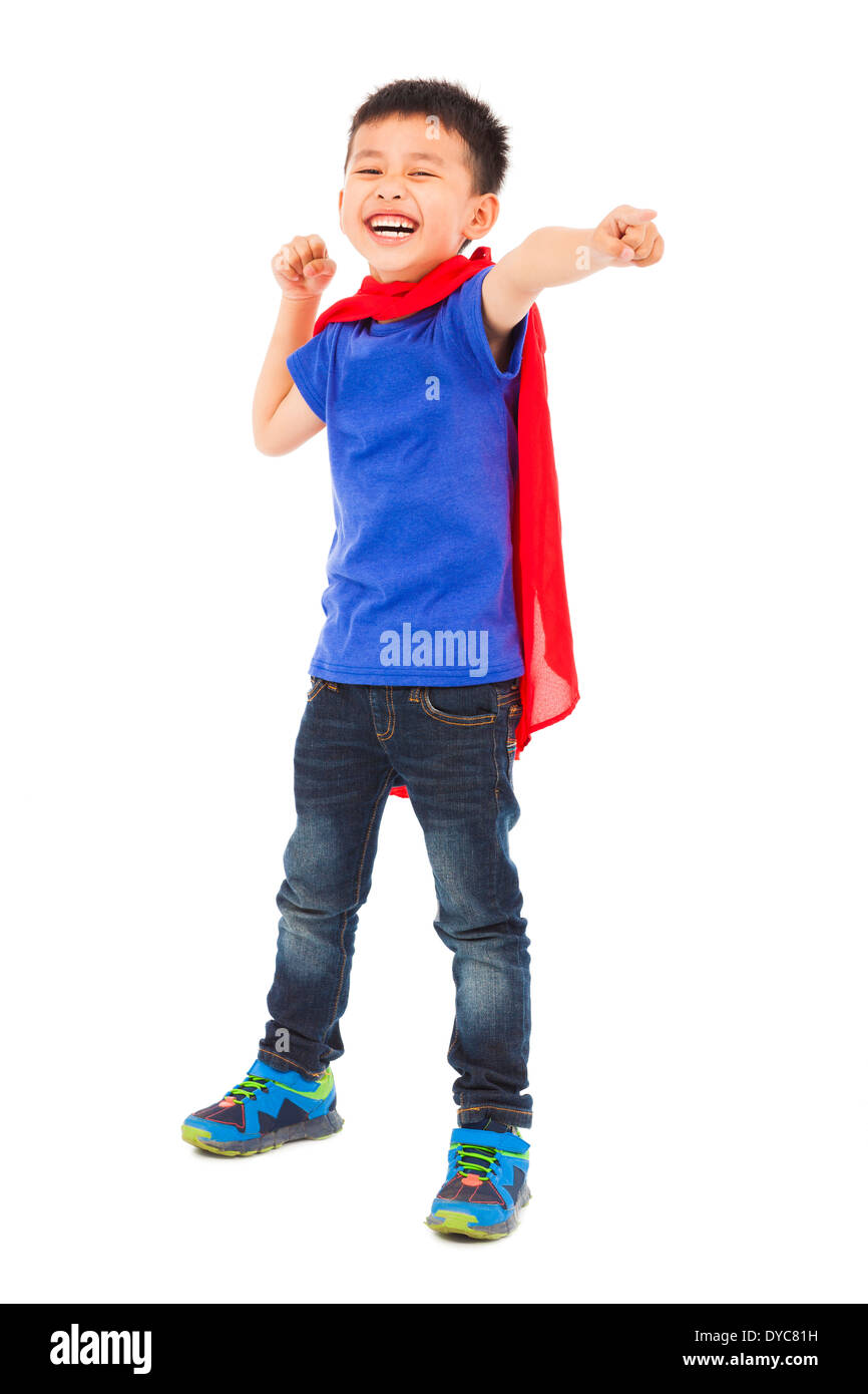 smiling superhero kid make a fist pose Stock Photo