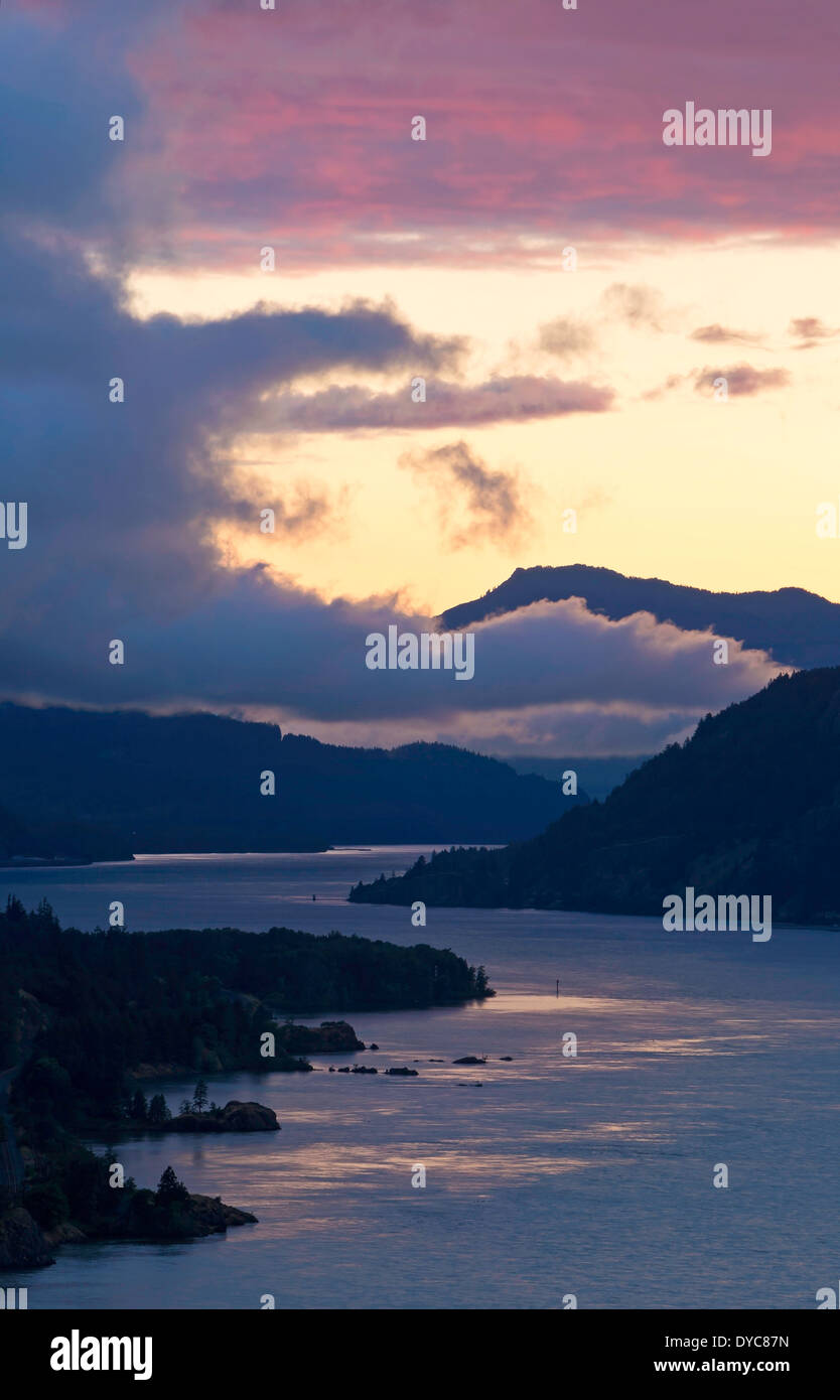 The Columbia River Gorge at sunset along the Oregon and Washington borders. USA Stock Photo