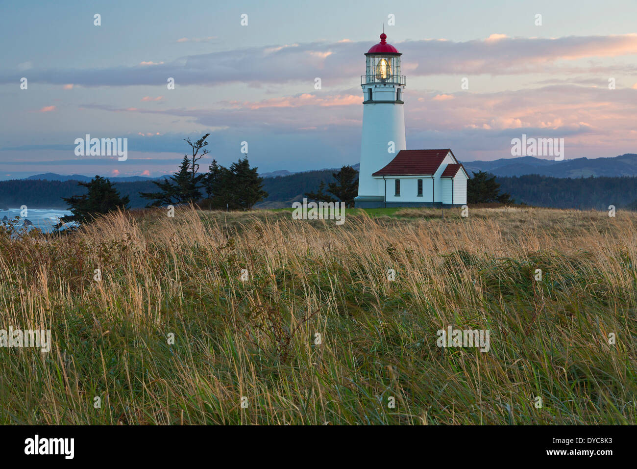 Cape Blanco lighthouse on the Oregon coast in the morning near sunrise. USA Stock Photo