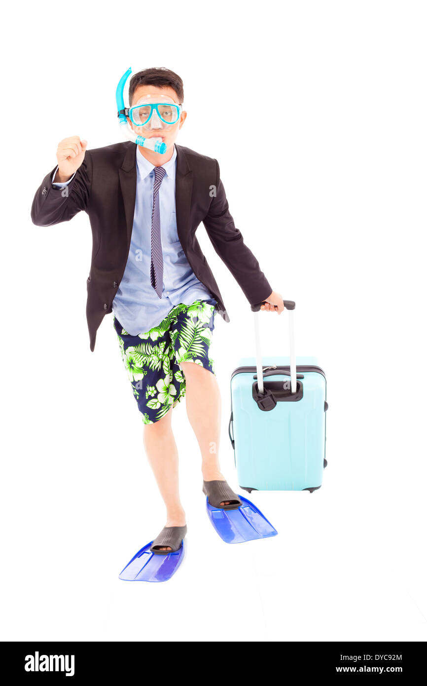 funny businessman put on scuba gear and holding a baggage on a white background Stock Photo