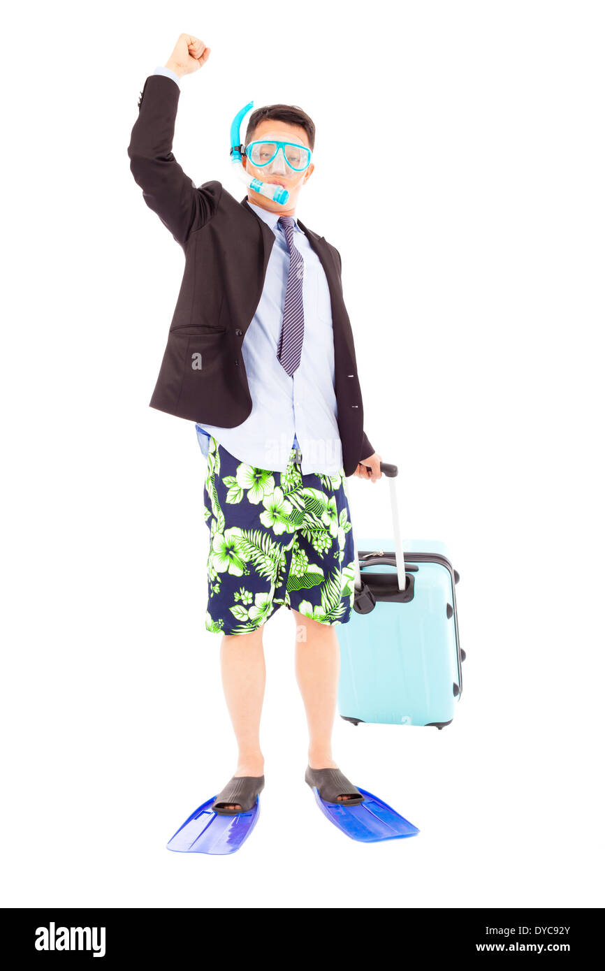 funny businessman put on scuba gear and holding a baggage on a white background Stock Photo