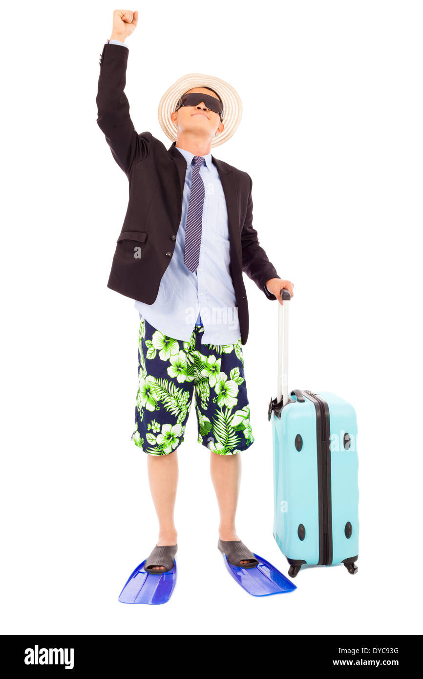 businessman holding a baggage and look up in studio Stock Photo