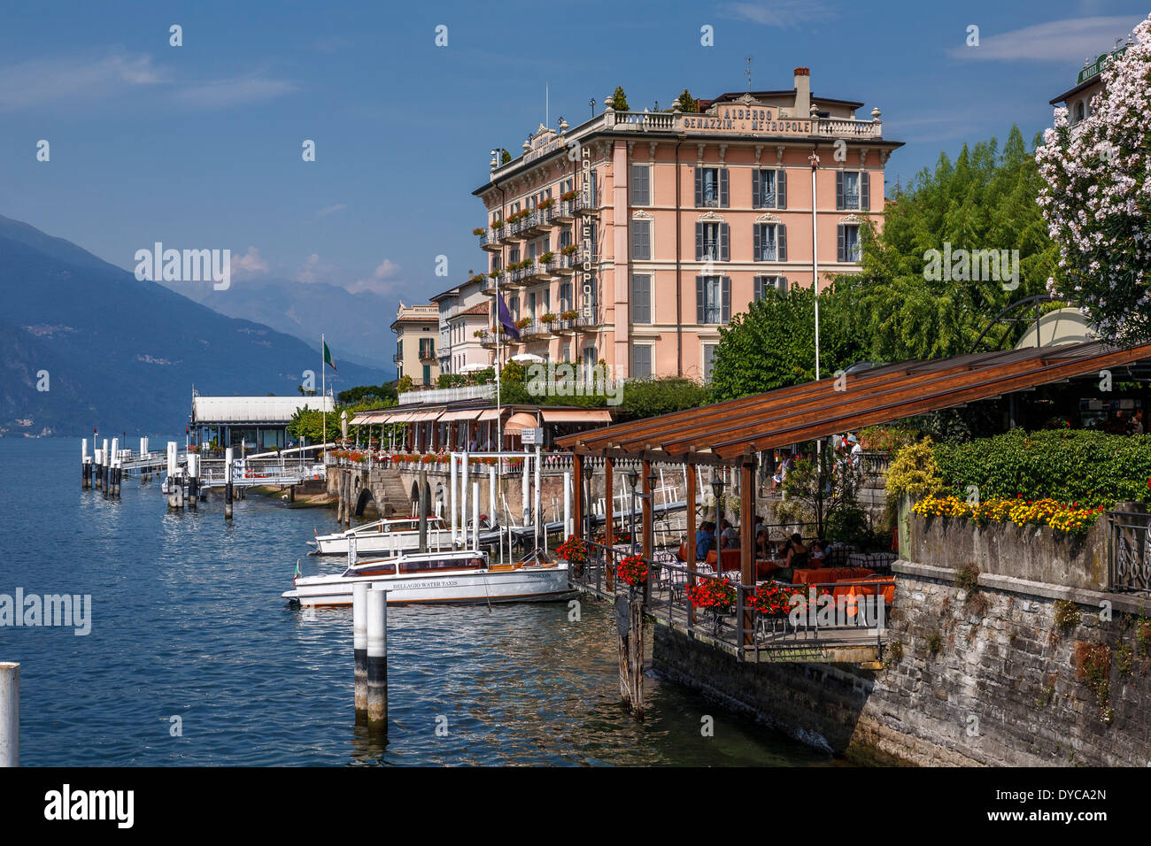 Lakeside Restaurant Terrace, Bellagio, Lake Como, Italy Stock Photo