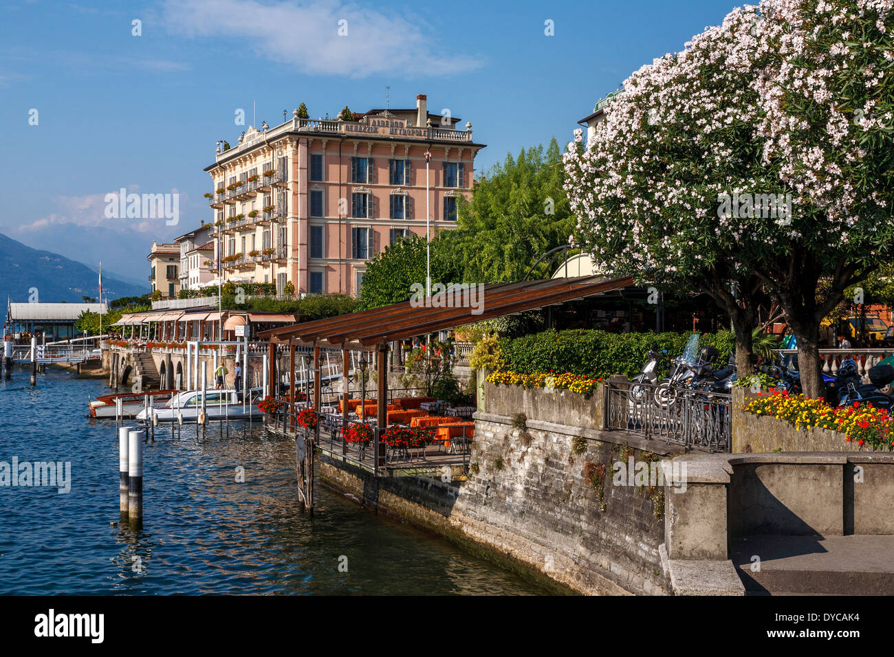 Lakeside Restaurant Terrace, Bellagio, Lake Como, Italy Stock Photo