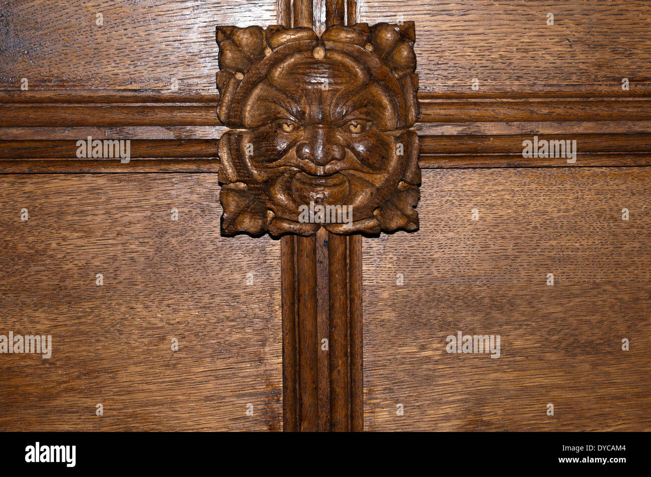 A ceiling boss carved with the face of a Green Man in All Saints church, Upper Sheringham, Norfolk. Stock Photo