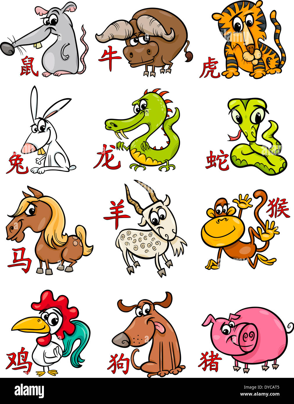 Cartoon Illustration of All Chinese Zodiac Horoscope Signs Set Stock Photo  - Alamy