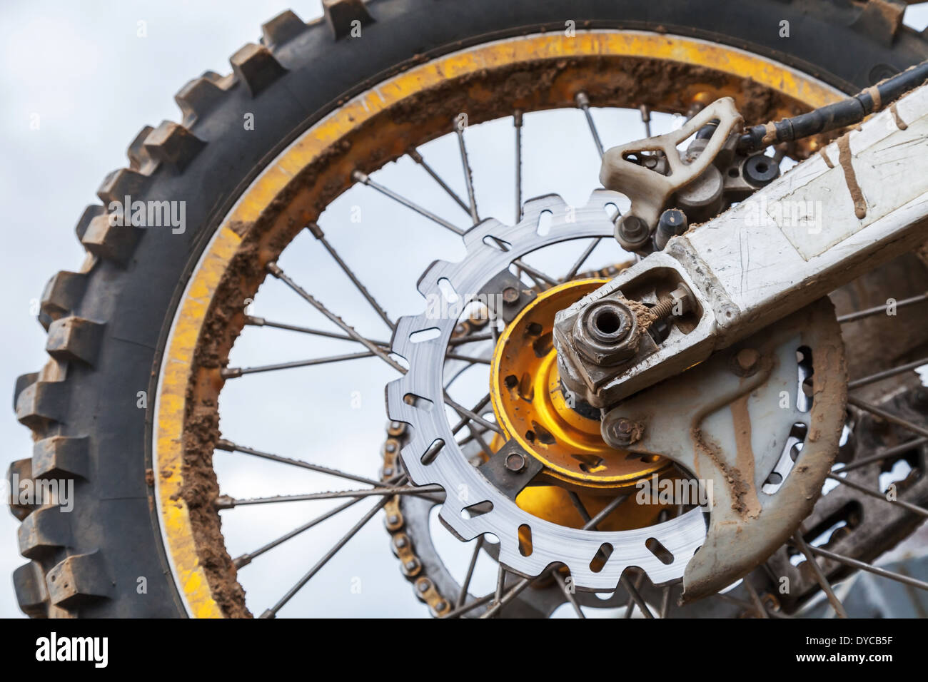 Closeup fragment of rear sport motocross bike wheel Stock Photo