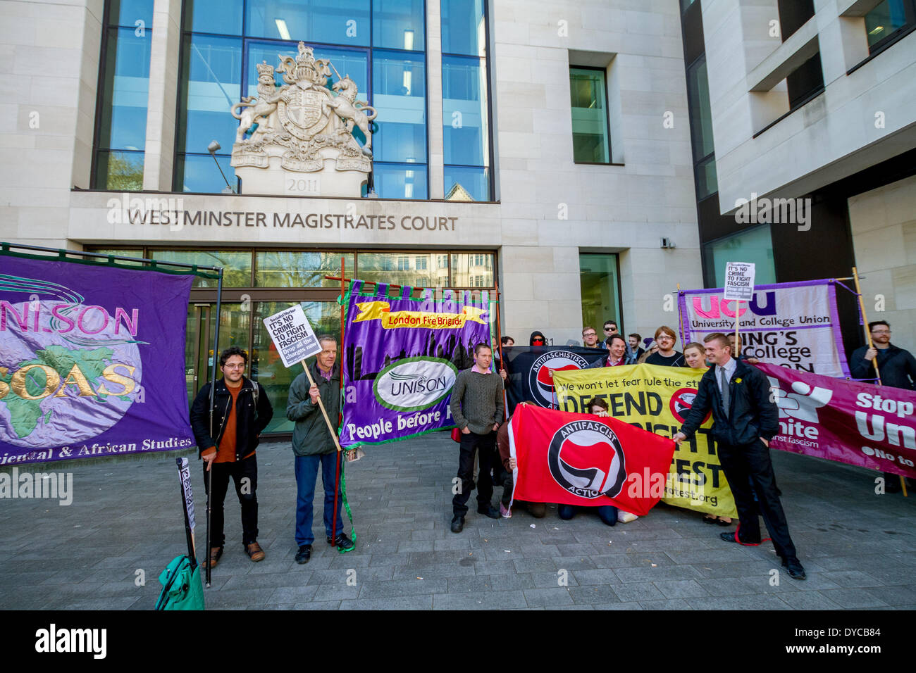 London, UK . 14th Apr, 2014. Justice for the Anti-fascist Five demonstration at Westminster Magistrates Court in London. Credit:  Guy Corbishley/Alamy Live News Stock Photo