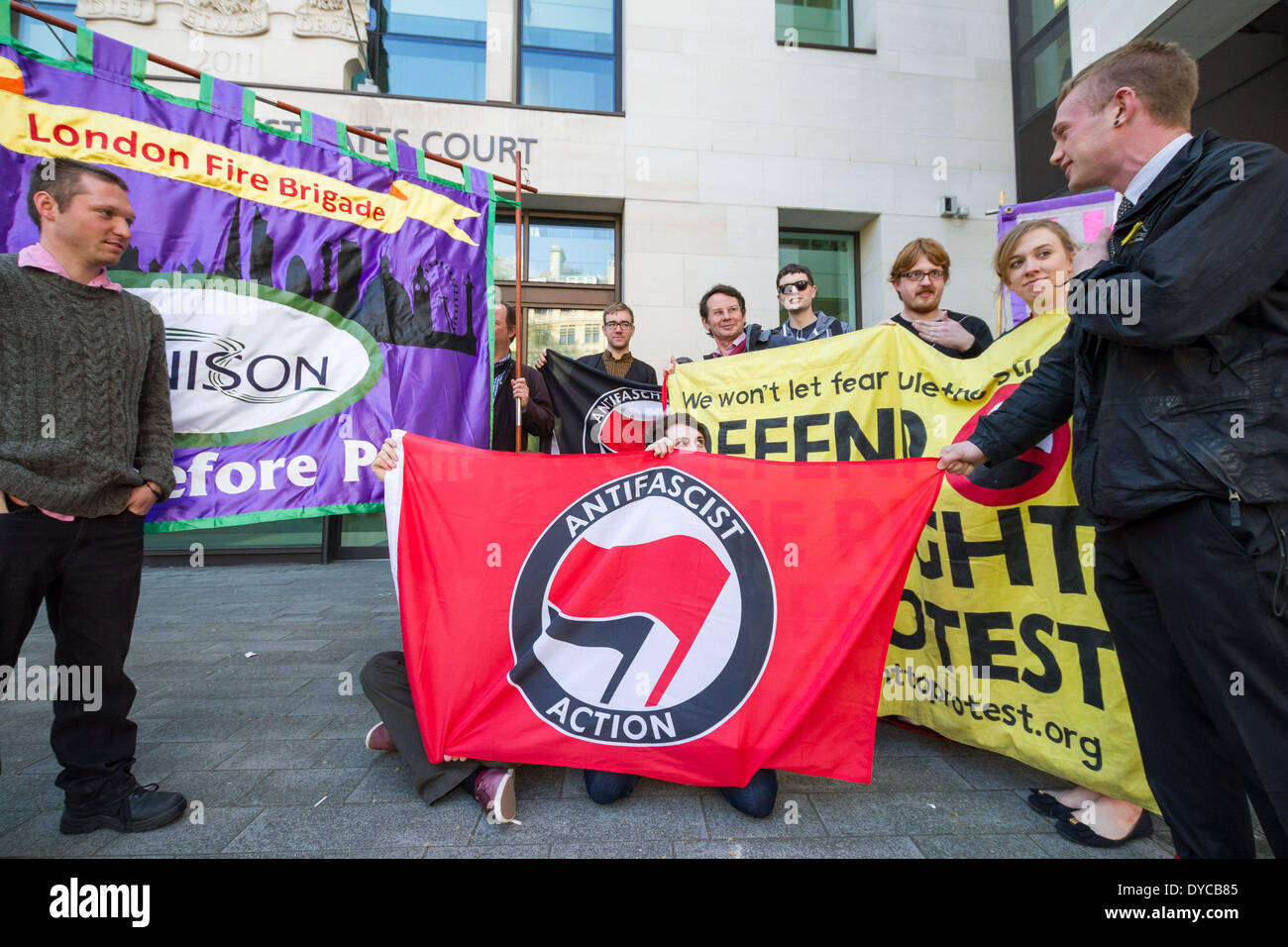 London, UK . 14th Apr, 2014. Justice for the Anti-fascist Five demonstration at Westminster Magistrates Court in London. Credit:  Guy Corbishley/Alamy Live News Stock Photo