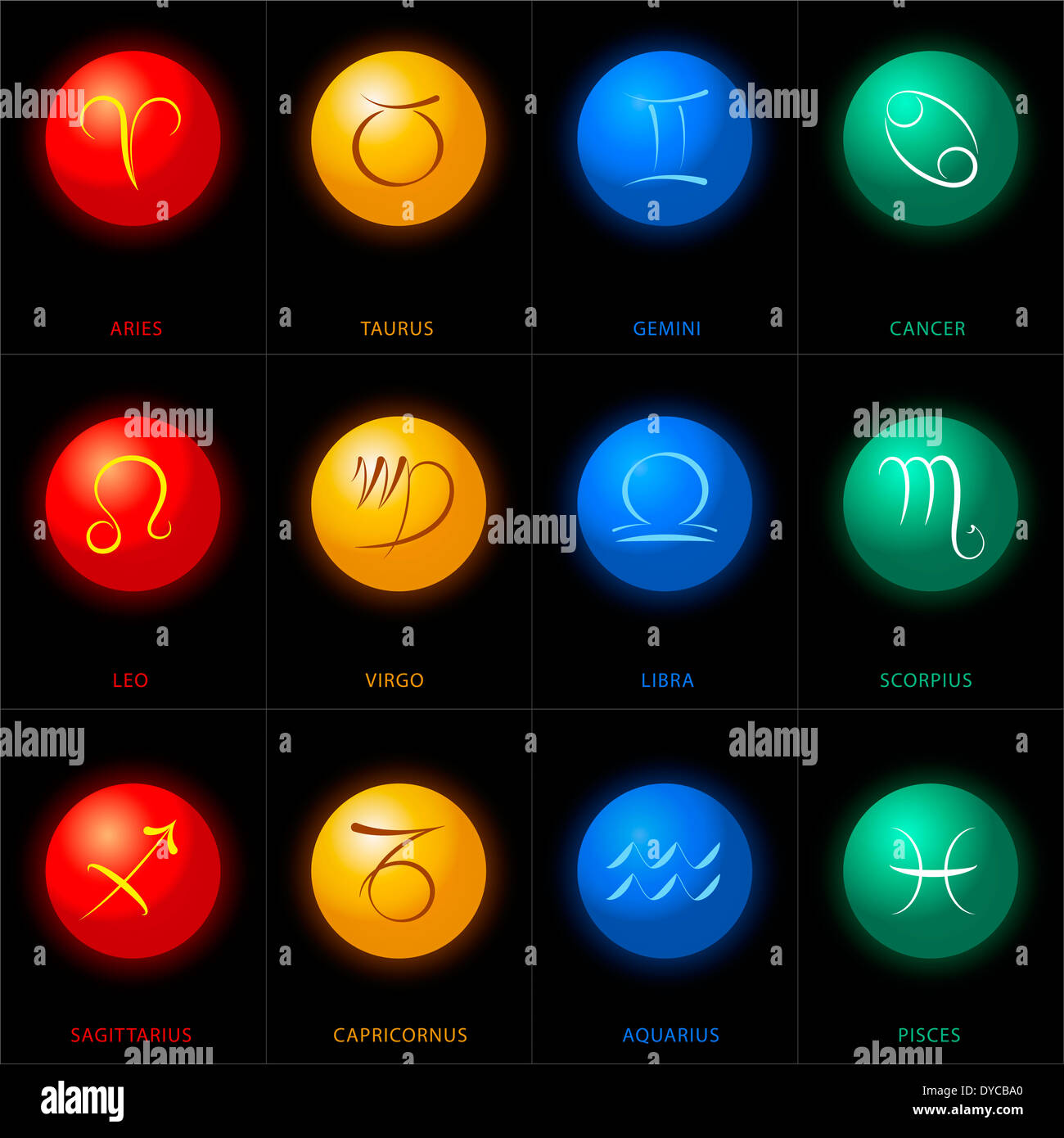 Astrology illustrations of the twelve zodiac signs in colored spheres. Stock Photo
