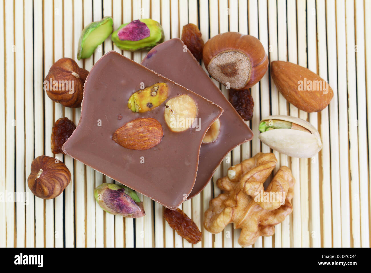 Milk chocolate with nuts, almonds and raisins Stock Photo