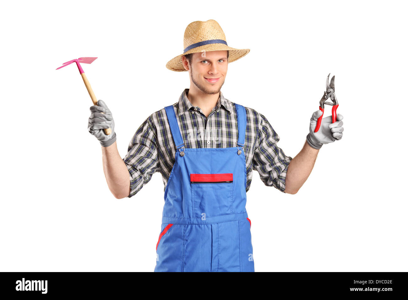 Male gardener holding working tools Stock Photo
