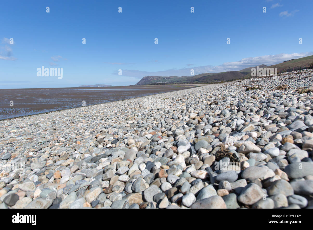 Pebble beach at Traeth Lafan Nature Reserve on the Wales Coast Path between Llanfairfechan and Bangor. Stock Photo