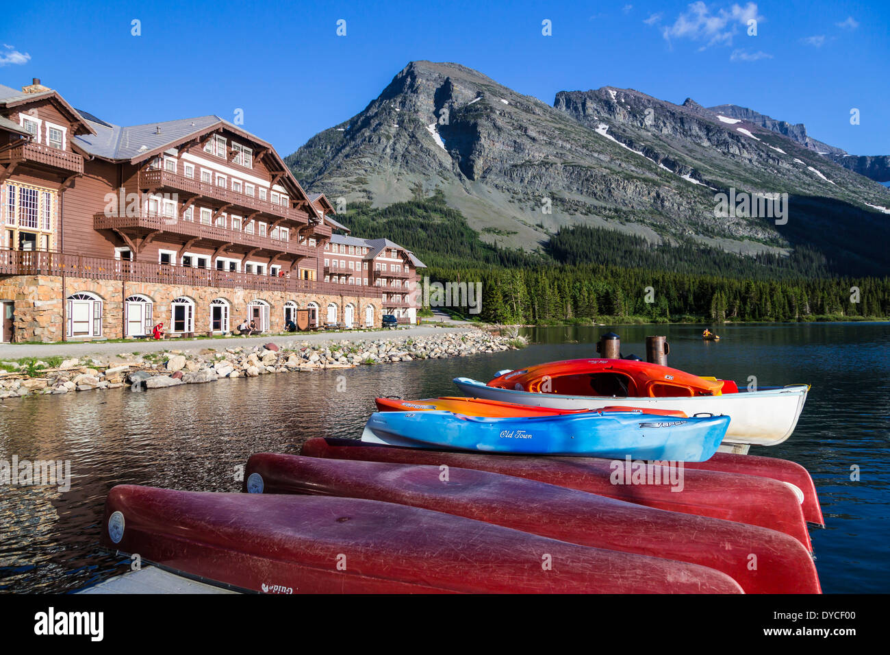 The recreational canoe dock at the Many Glacier Hotel on Swift Current Lake in Glacier National Park, Montana, USA. Stock Photo