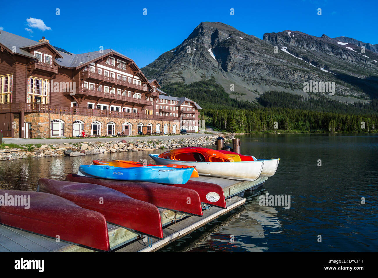 The recreational canoe dock at the Many Glacier Hotel on Swift Current Lake in Glacier National Park, Montana, USA. Stock Photo
