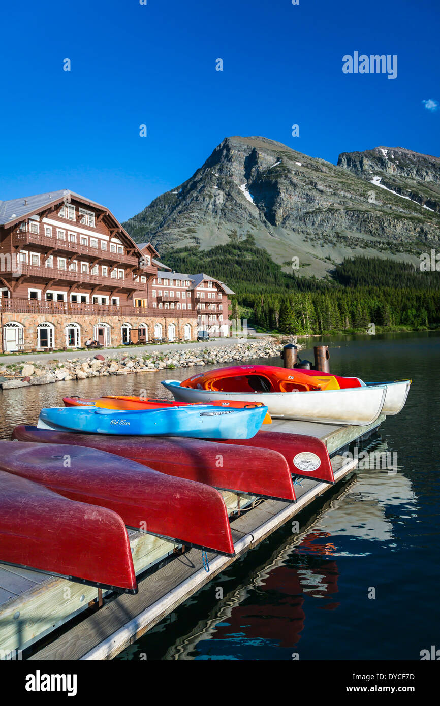 The recreational canoe dock at the Many Glacier Hotel on Swift Current Lake in Glacier National Park, Montana, USA. Stock Photo