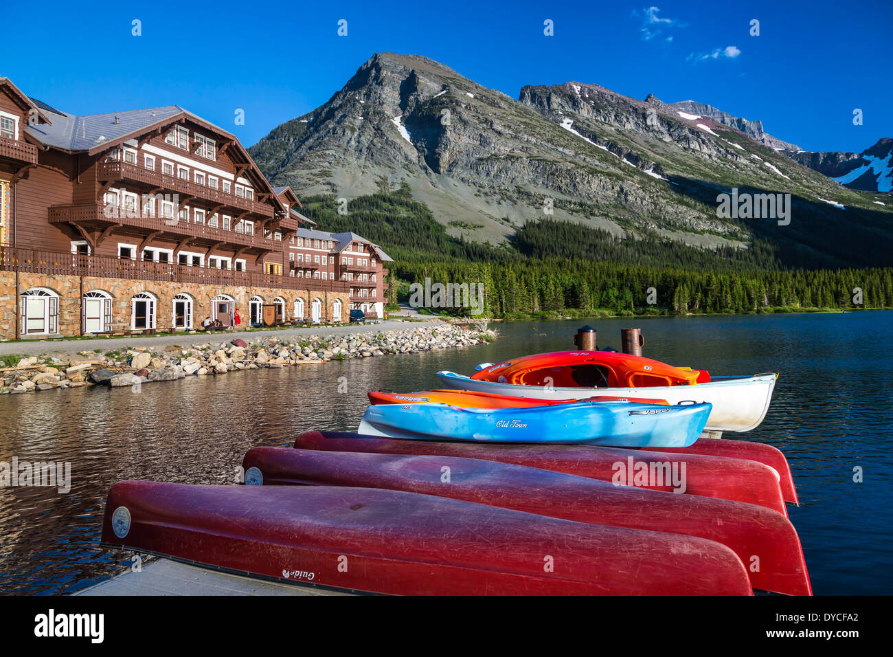 The recreational canoe dock at the Many Glacier Hotel on Swift Current Lake in Glacier National Park, Montana, USA. Stock Photo