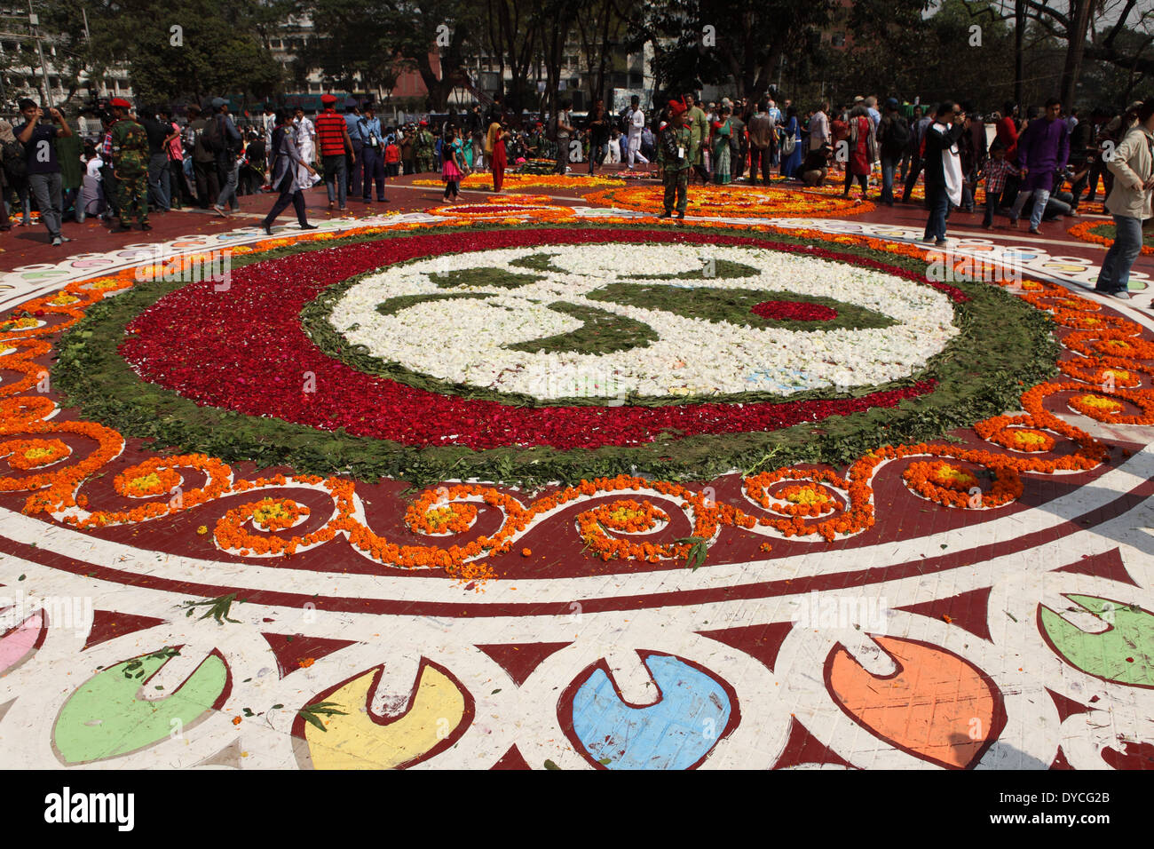 Floral tribute at the Shaheed Minar, International Mother Language Day commemorations in Dhaka. Stock Photo