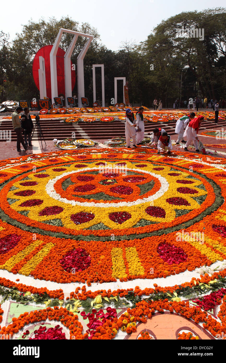 Floral tribute at the Shaheed Minar (Martyr's Monument), part of International Mother Language Day commemorations in Dhaka. Stock Photo