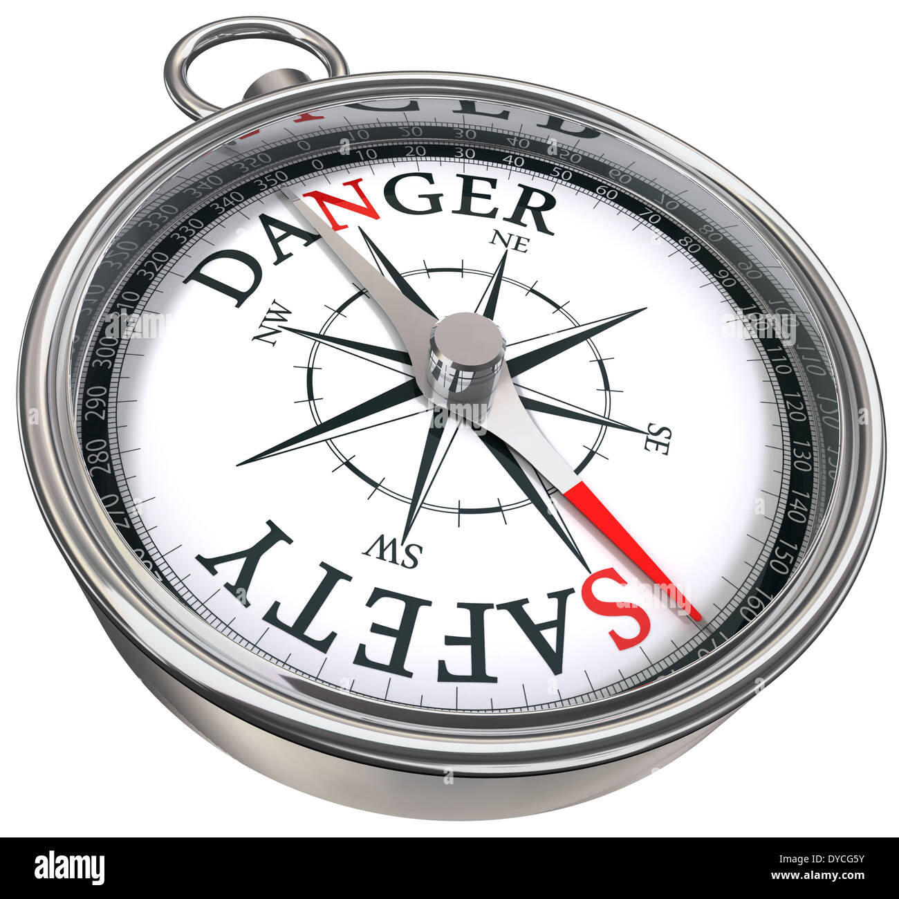 danger vs safety opposite ways conceptual image with compass isolated