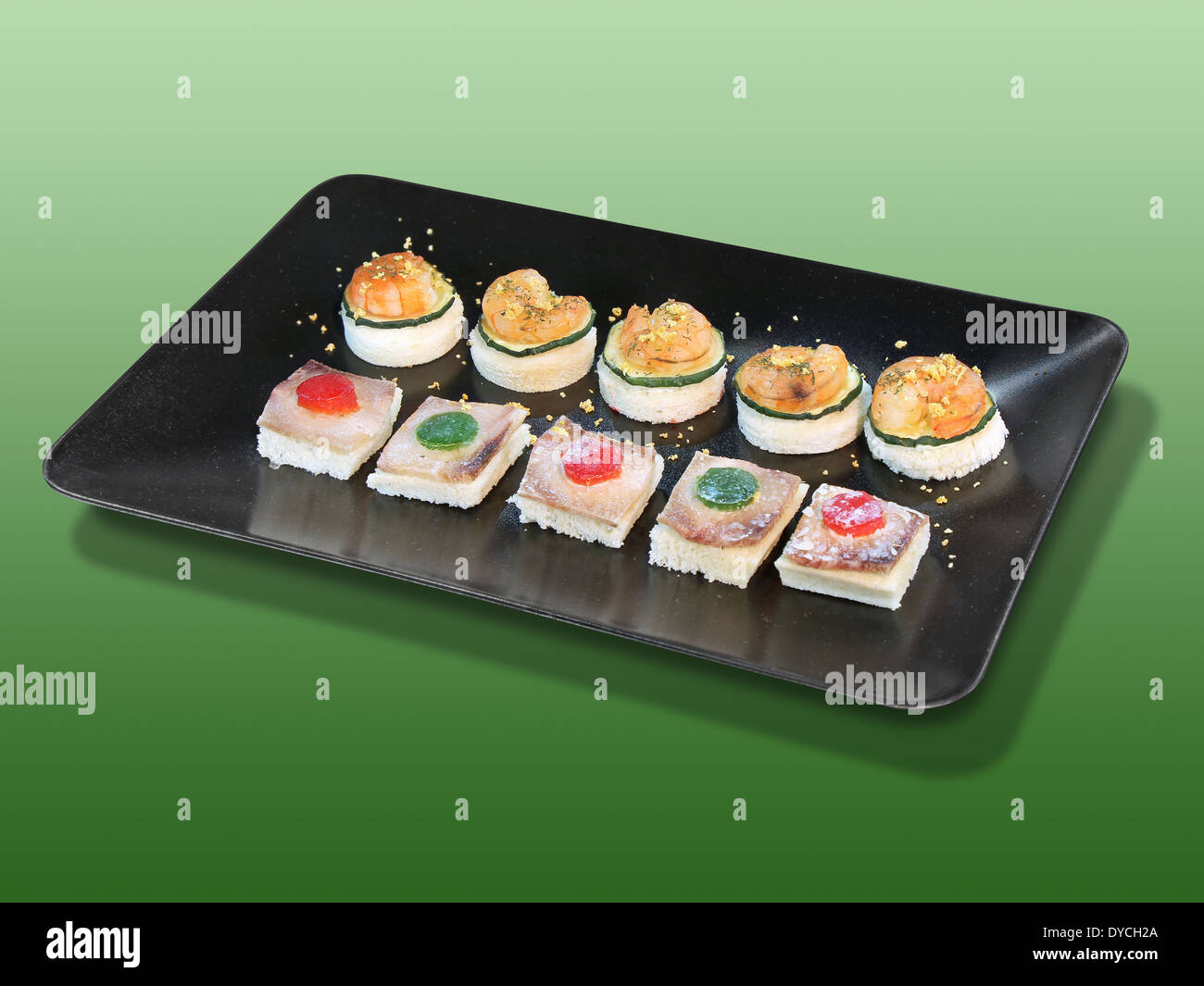 Assorted canape with shrimp and zucchini, homemade party food Stock Photo