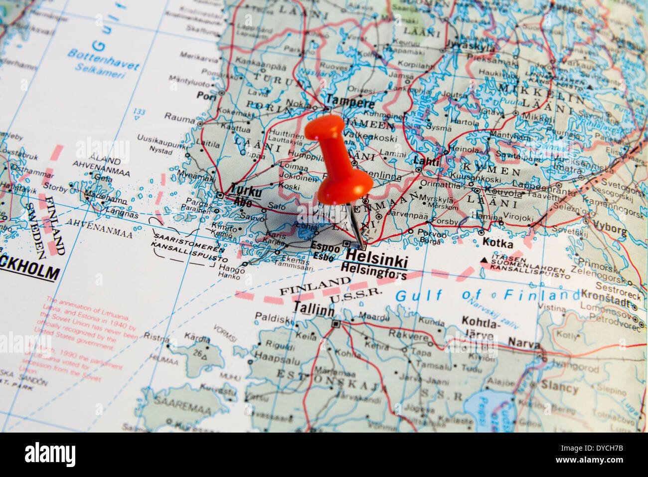 Red map pin pointing on map to the city of Helsinki. Stock Photo