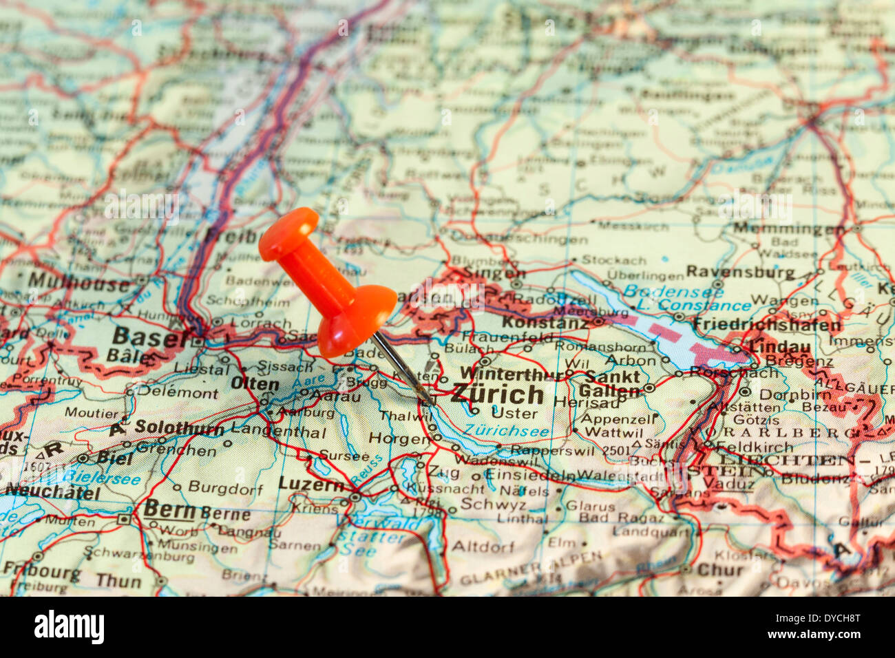 Red map pin pointing on map to the city of Zurich. Stock Photo