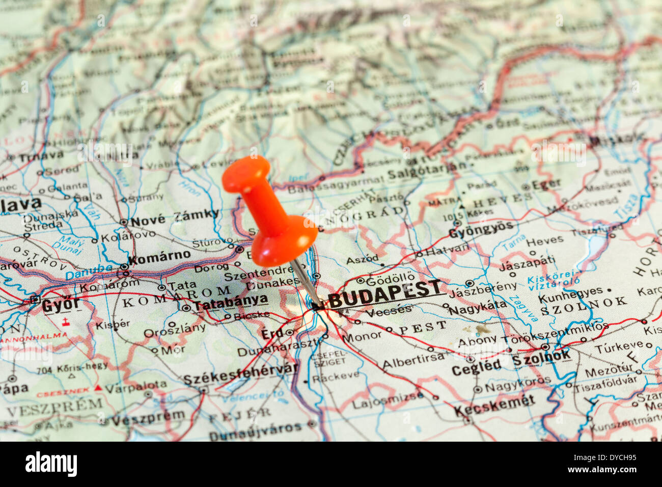 ed map pin pointing on map to the city of Budapest. Stock Photo