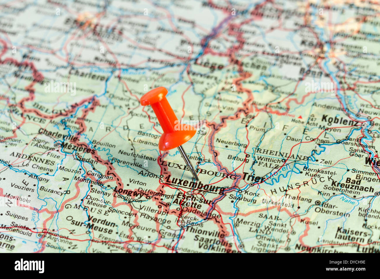 Red map pin pointing on map to Luxembourg. Stock Photo