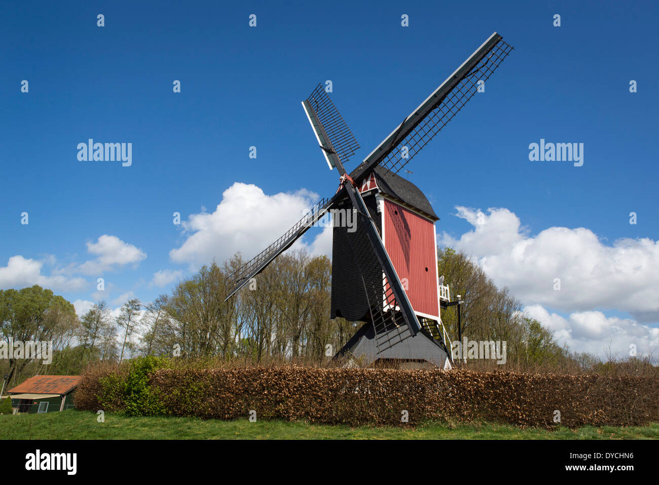 Windmill in Someren in the province of Noord-Brabant in the Netherlands, the post mill dates from 1543. Stock Photo