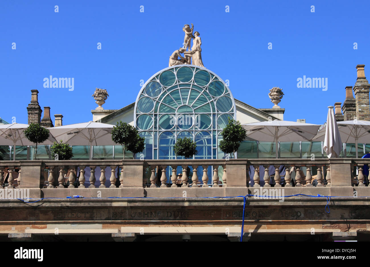 A rooftop garden with trees, statues and a glass structure Stock Photo
