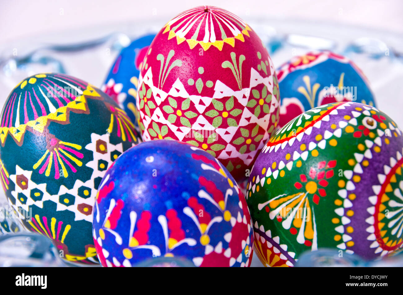 Colourful Easter Eggs In A Bowl Of Glass. Stock Photo