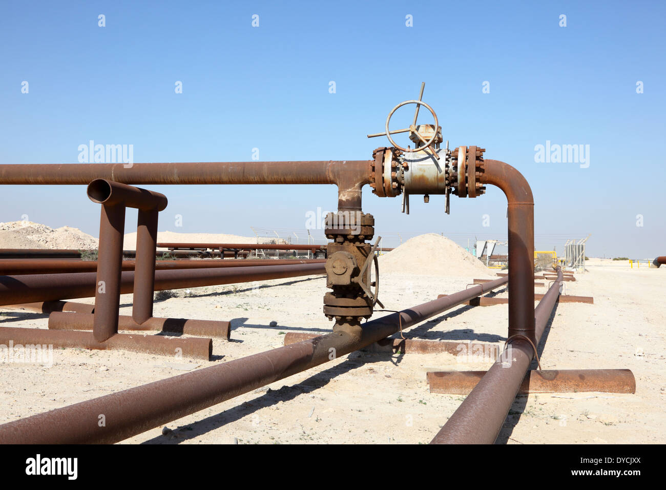 Oil pipeline in the desert of Bahrain. Middle East Stock Photo