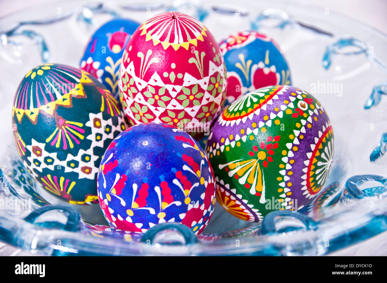Colourful Easter Eggs In A Bowl Of Glass. Stock Photo